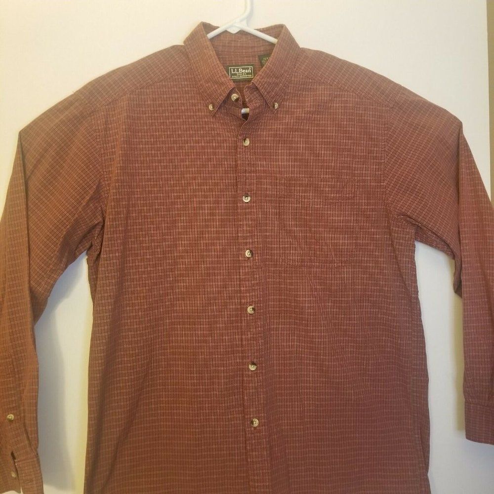 LL Bean Mens Medium Red Grey Checkered Button Down Long Sleeve Shirt